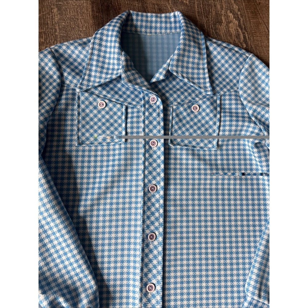 Vintage 70s Houndstooth Knit Shirt Blue Disco Wing Collar Womens M/L - Picture 2 of 10